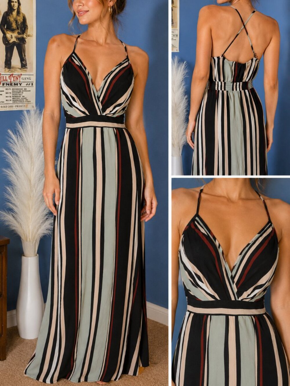 Angie Striped Maxi Dress Medium Boho Criss Cross Back Summer Vacation